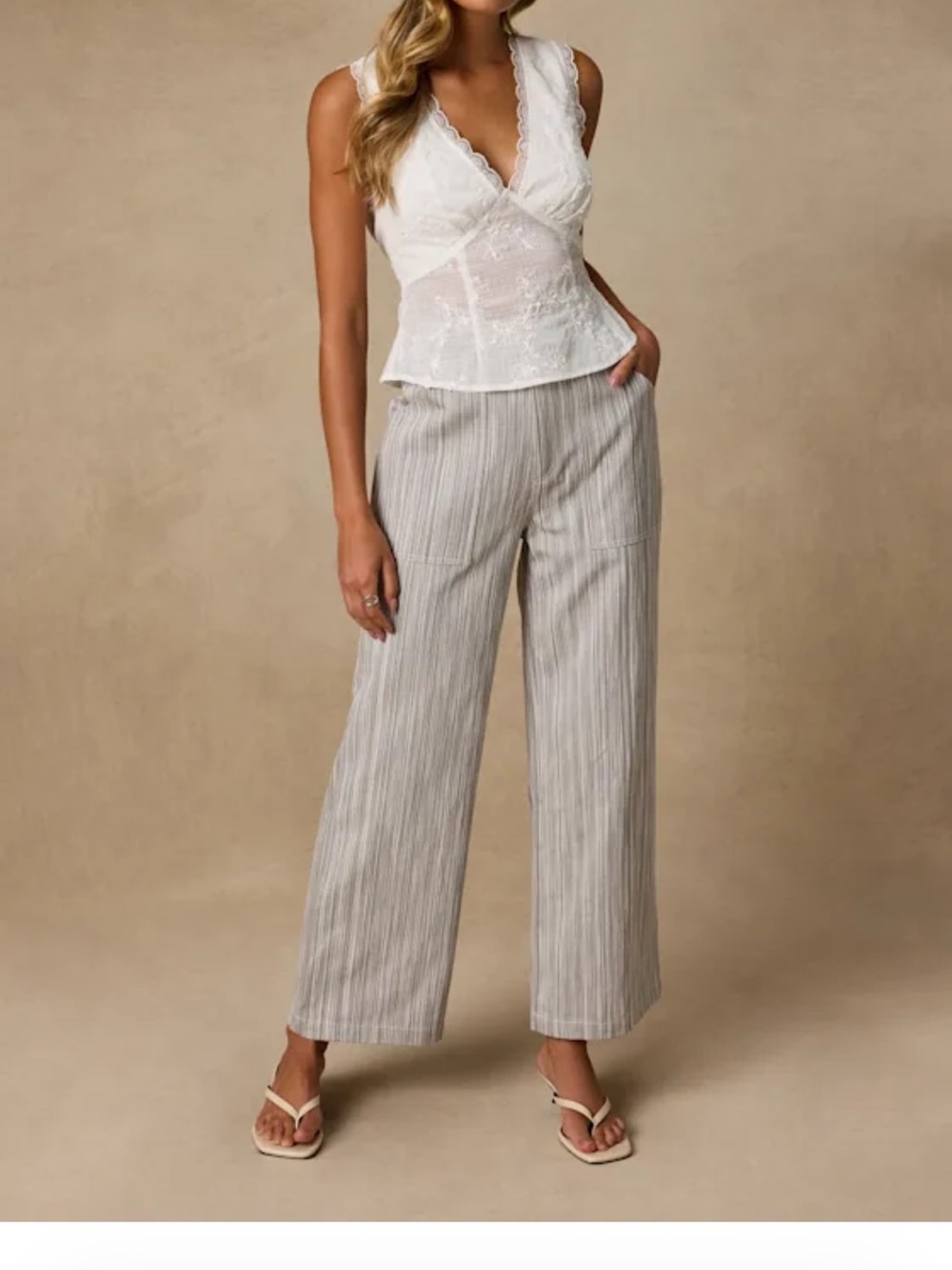 Lulus Inna Grey Striped Twill Wide-leg Pants - Size M